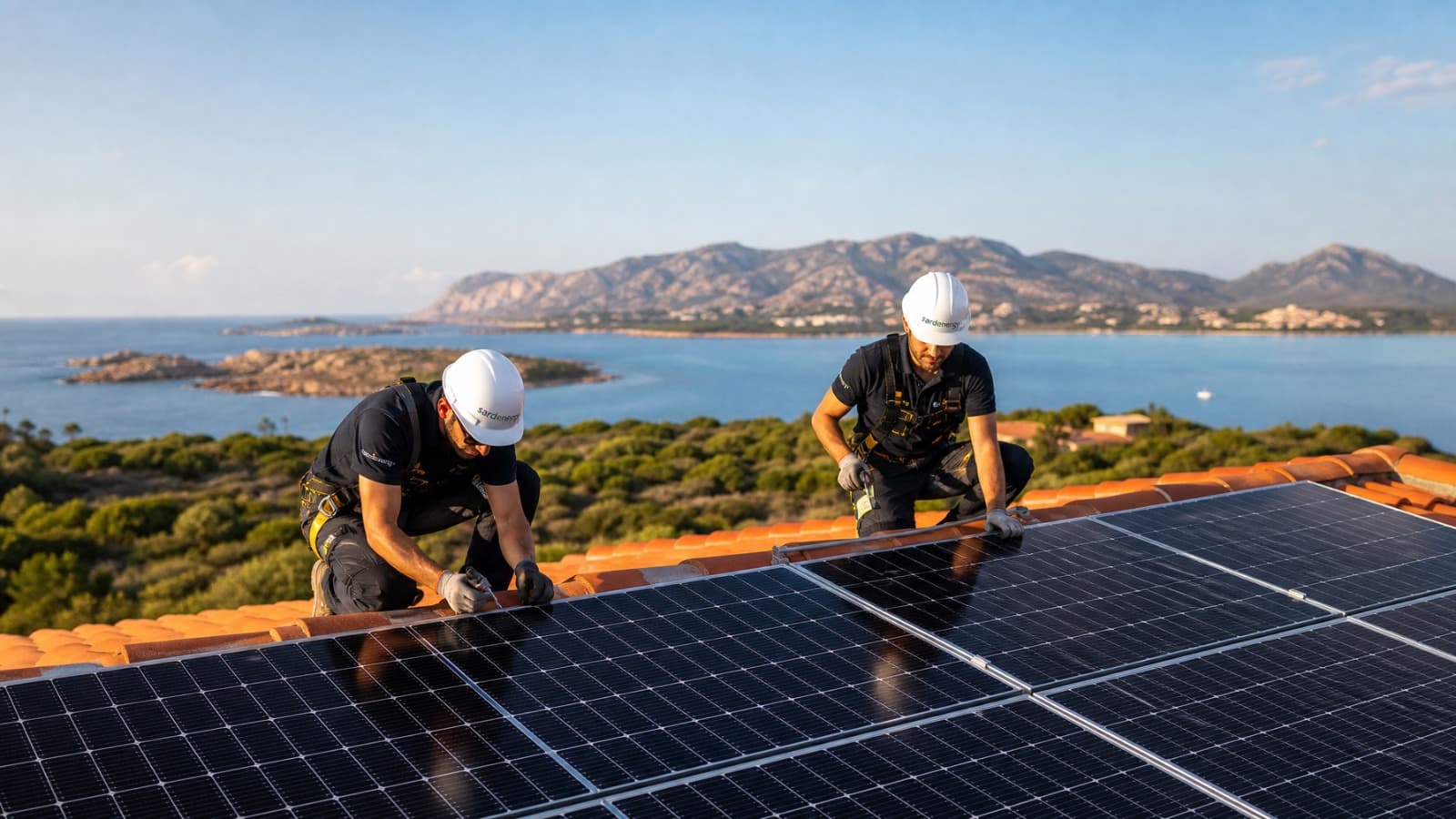 Tecnici Energy Sarda durante il montaggio di pannelli fotovoltaici sul tetto di un edificio in Sardegna