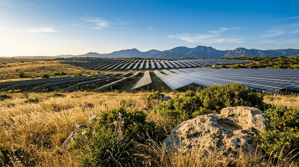 Pannelli fotovoltaici installati sul tetto di una casa residenziale in Sardegna, sotto un cielo sereno