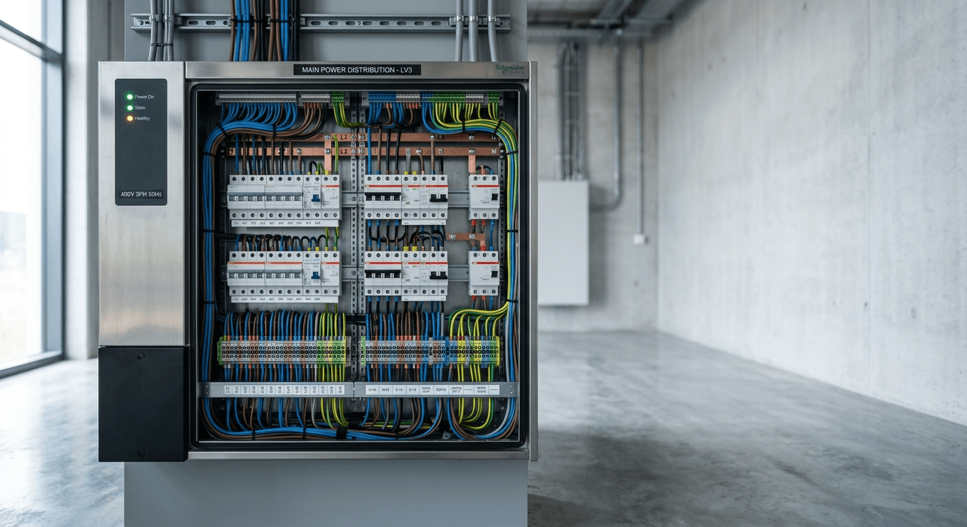 Quadro elettrico moderno con interruttori ordinati durante l'installazione di un impianto elettrico a norma